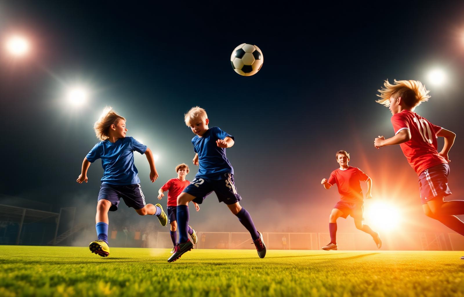 Youth soccer players competing under stadium lights